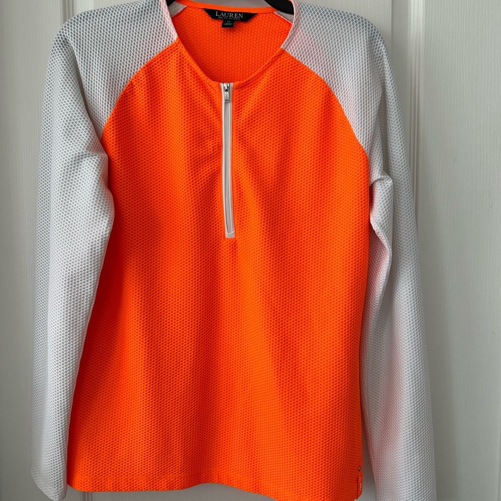 Ralph Lauren Honeycomb Half Zipper Neon Orange White Long Sleeve Top  XL EUC